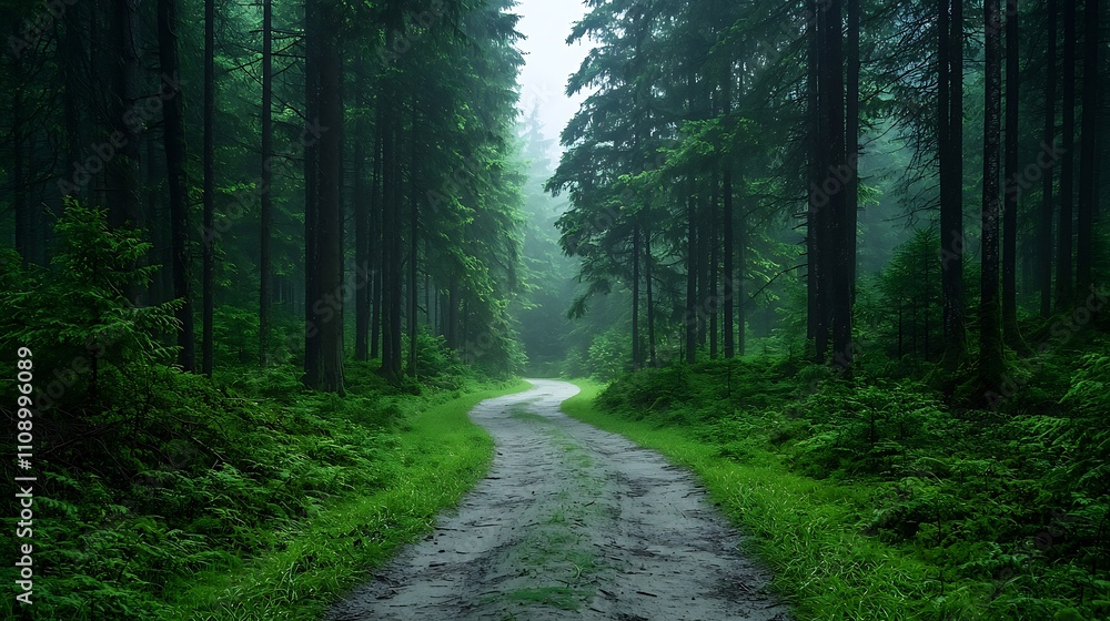 Fototapeta premium Serene pathway through lush forest nature scene tranquil environment scenic outlook