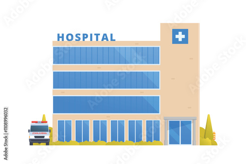 Vector illustration of a Hospital Building in flat design, showcasing a clean and modern front view with medical symbols and welcoming architecture.