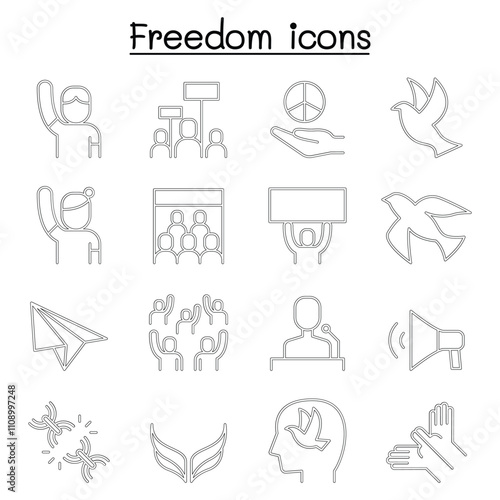 Freedom, peace, protest, demonstration icon set in thin line style