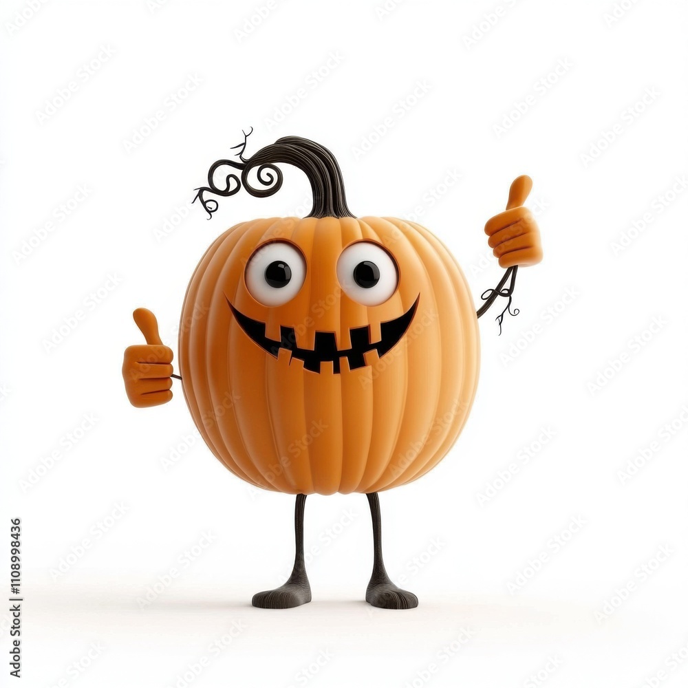 Obraz premium Cheerful Cartoon Pumpkin Character Giving Thumbs Up with Quirky Smile and Twisting Vine Hair