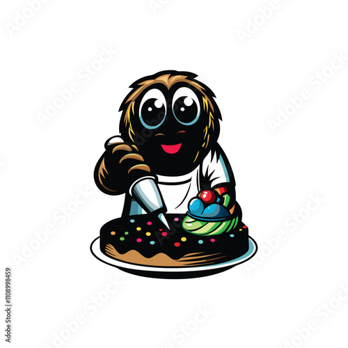 A whimsical illustration of a cute, friendly monster baker meticulously frosting a delicious cake with a piping bag, showcasing vibrant colors and playful details.