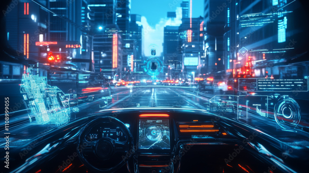 Autonomous vehicle car or taxi technology concept. Autonomous car futuristic interface with vehicle system information, map city, virtual dashboard. AI controls robotics automotive taxi of smart city. Autonomous vehicle car or taxi technology concept. Autonomous car futuristic interface with vehicle system information, map city, virtual dashboard. AI controls robotics automotive taxi of smart city.