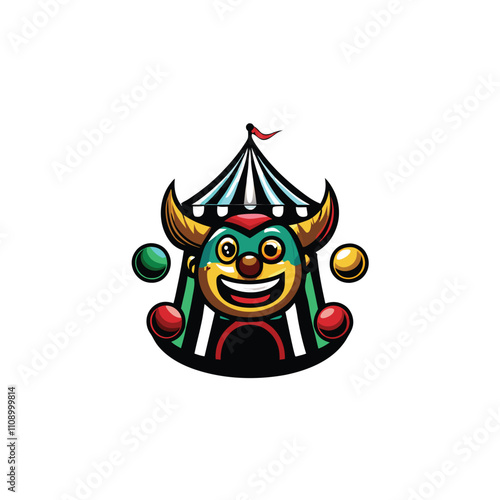 A cheerful, cartoonish monster clown with bright, mismatched features juggles vibrant, colorful balls.  The scene is whimsical and playful.