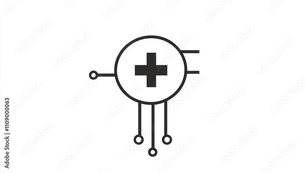 Obraz premium Abstract medical technology icon; plus sign in circle connected to circuit lines.