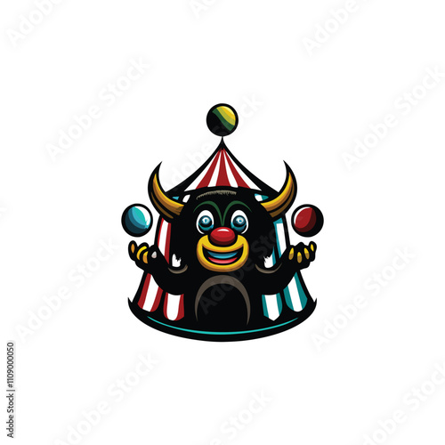 A whimsical, cute monster clown with bright, mismatched features juggling vibrant, colorful balls.  He stands cheerfully, showcasing impressive juggling skills.