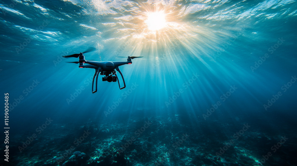 Autonomous underwater drone or robot with camera exploration seabed. Seabed underwater and rays of sunlight shining through water. Autonomous underwater drone or robot with camera exploration seabed. Seabed underwater and rays of sunlight shining through water.