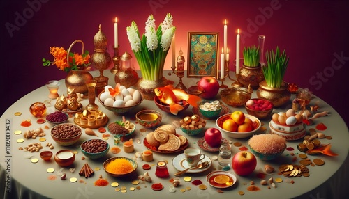 Modern Haft-Sin Table for Iranian New Year with Seven 'S' Items and Contemporary Decor photo