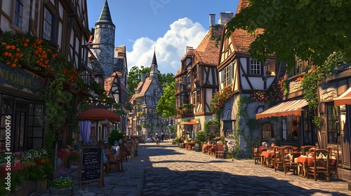 Fototapeta Naklejka Na Ścianę i Meble -  A bustling European street with cobblestone roads, outdoor cafes, and charming old buildings