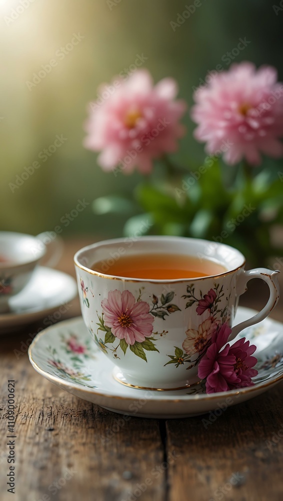 Fototapeta premium Tea with a flower on a blurred background.