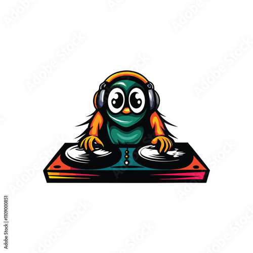 A cheerful, cartoonish monster DJ with vibrant fur enthusiastically spins vinyl records on a retro turntable, surrounded by glowing lights.