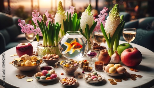 Modern Haft-Sin Table for Iranian New Year with Seven 'S' Items and Contemporary Decor