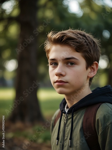 Teen boy standing outdoors, looking calm.