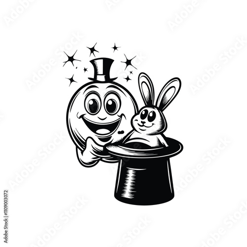 A whimsical illustration of a cute, friendly monster magician in a top hat, pulling a surprised rabbit from a giant, sparkly playing card.