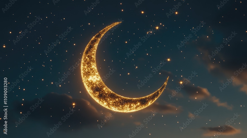 Fototapeta premium Enchanting Gold Crescent Moon Illuminating the Night Sky with Twinkling Stars and Soft Clouds, Evoking a Dreamy and Magical Atmosphere for Various Creative Projects