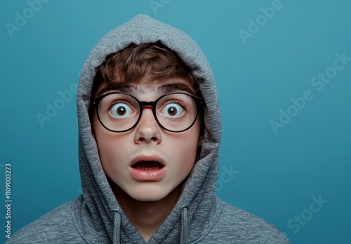 Surprised Teenager Wearing Glasses and Hoodie, Shocked Expression, on blue background photo