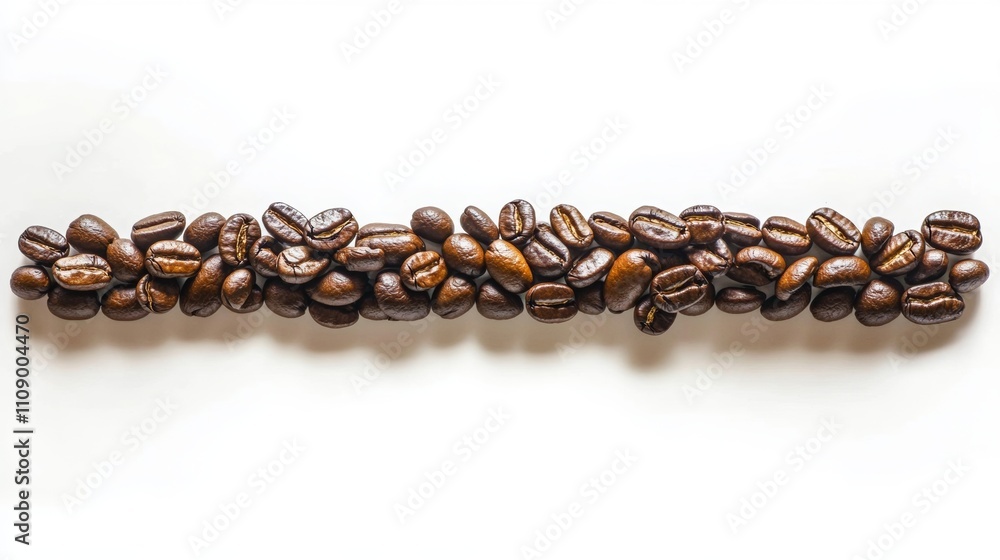 Obraz premium Coffee Beans Arranged in a Straight Line on White Background
