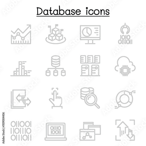 Data, Database, data mining, diagram, chart and graph icon set in thin line style