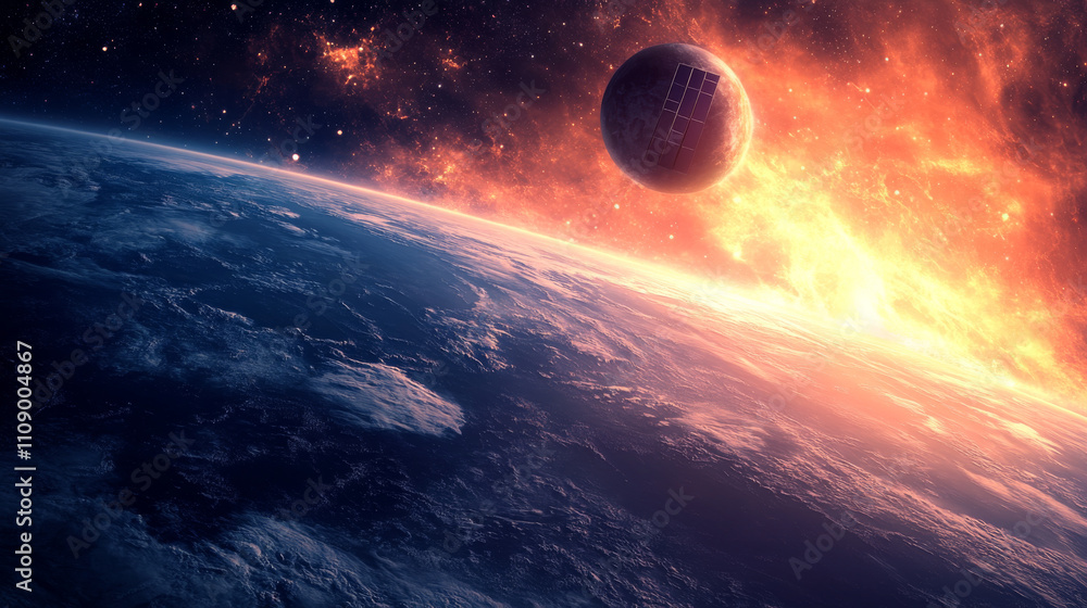 Fototapeta premium Satellite communications abstract banner. Satellite in space transmit wireless signal of global internet. Artificial earth satellite with solar panels on orbit broadcast transmission of internet data.