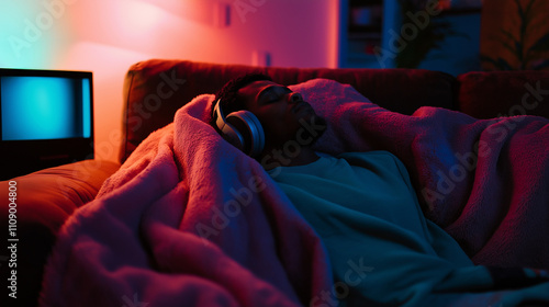 Person relaxing on a sofa with headphones and a cozy blanket while listening to music in a colorful winter setting