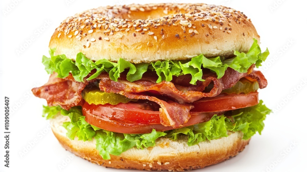 a bagel sandwich with bacon, lettuce, tomato and pickles on a white background The bacon is crispy and golden brown, the lettuce is a vibrant green, the tomato is a bagel sandwich with bacon, lettuce, tomato and pickles on a white background The bacon is crispy and golden brown, the lettuce is a vibrant green, the tomato is