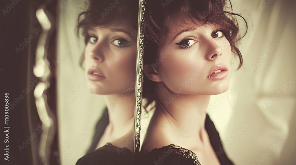 Obraz premium a woman in a black dress standing in front of a mirror, looking at herself in the reflection The background is blurred, giving the image a dreamy, ethereal feel