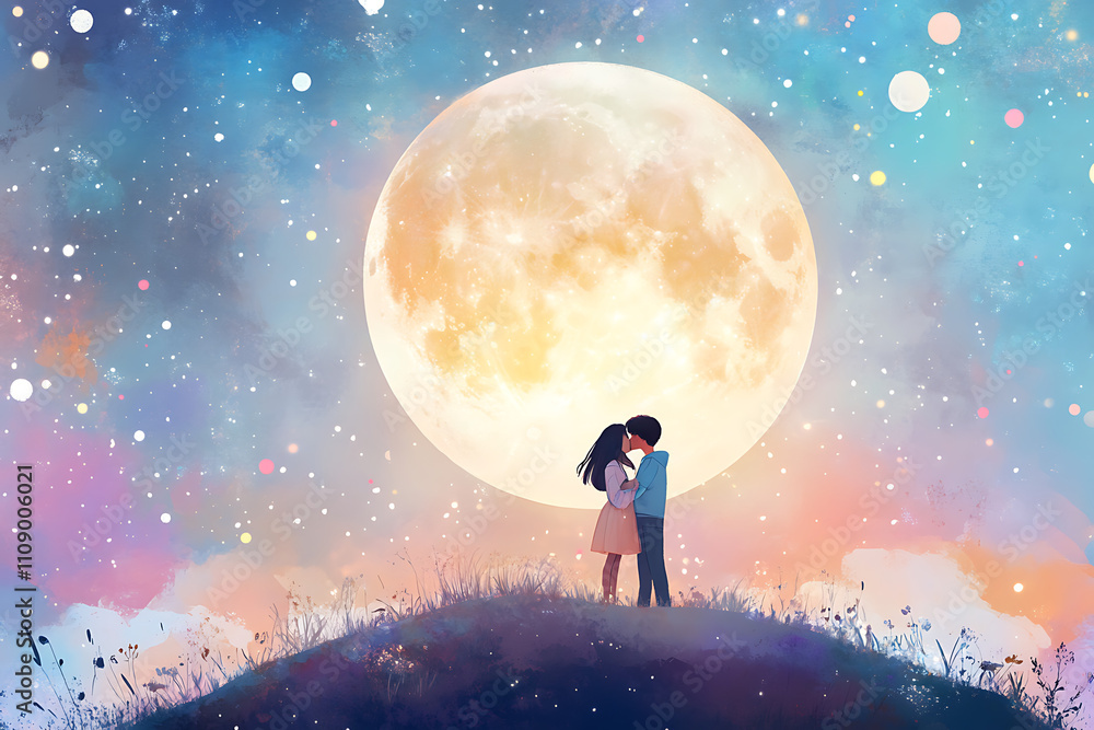 Obraz premium A romantic scene under a large moon, depicting two figures embracing amidst a colorful sky.