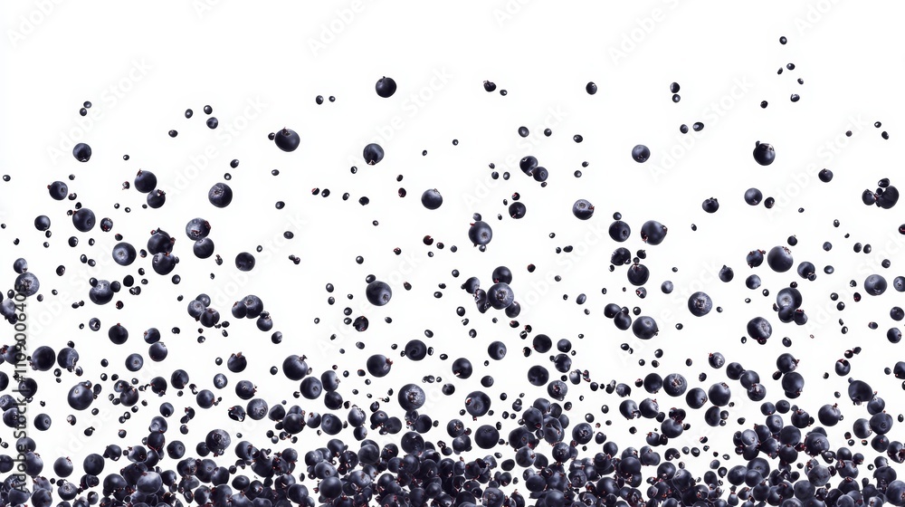 Obraz premium a bunch of blueberries floating in the air against a white background The blueberries are a deep, vibrant blue color and appear to be freshly picked