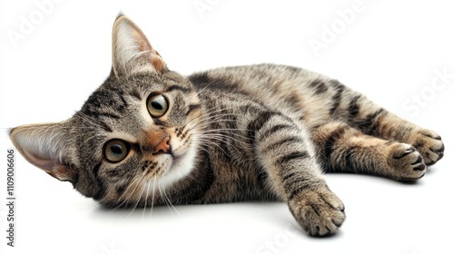  a tabby cat laying on its back on a white surface, looking up at the camera with its big, round eyes Its fur is a mix of black and brown stripes, and its ears are