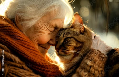 Senior woman and her cat at home.