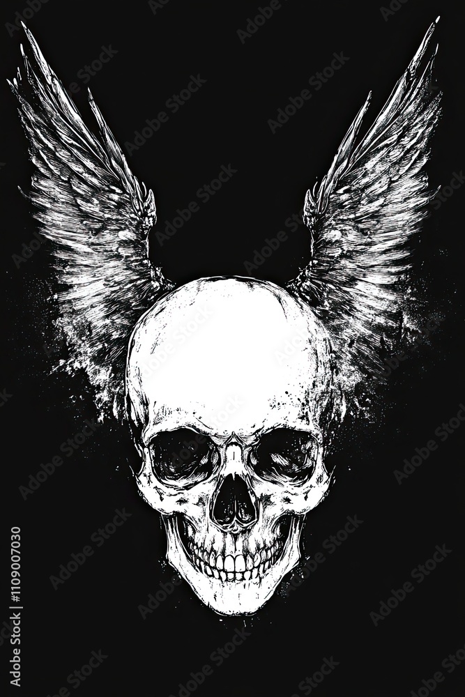 Fototapeta premium Skull with wings tattoo in white ink gothic style on a deep black background