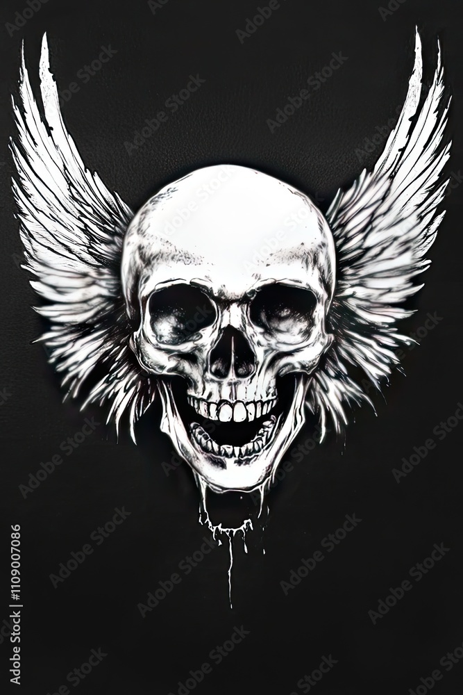 Fototapeta premium Skull with wings tattoo in white ink gothic style on a deep black background