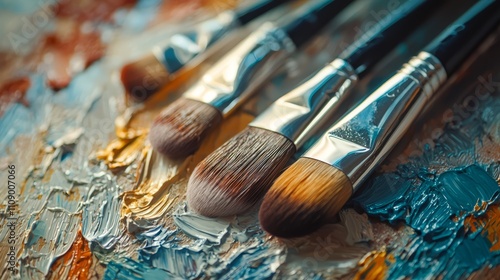  a close up of a palette with paint brushes on it The paint brushes are arranged in a neat row and the palette is filled with a variety of colors, ranging from brig photo