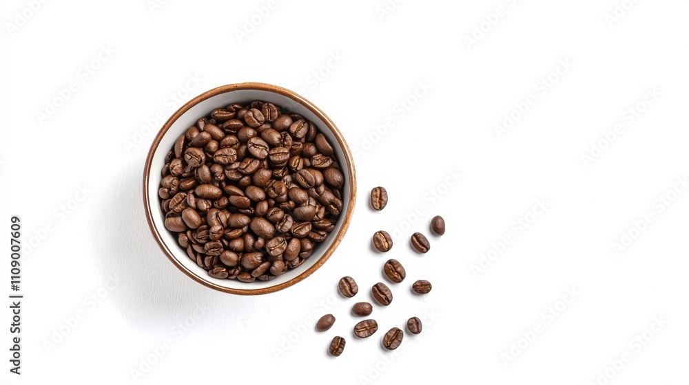 Obraz premium a bowl filled with coffee beans on a white background The beans are a deep brown color, and the bowl is a light brown color The contrast between the two colors cr
