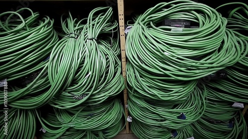  a wooden shelf filled with a large pile of green ethernet cables The cables are neatly arranged in the racks, giving the impression of a well-organized and efficie photo