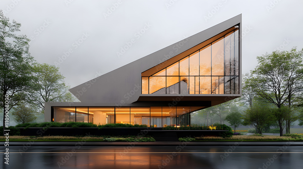 Fototapeta premium Unique modern home with geometric shapes, natural lighting, and landscaped gardens, 3D rendering