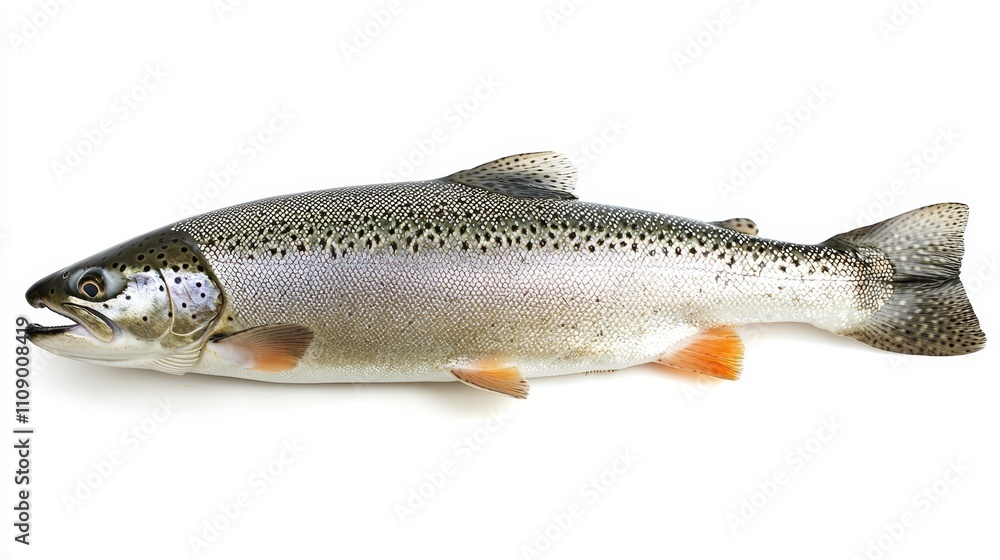 Obraz premium a rainbow trout on a white background Its scales are a mix of silver, black, and orange, and its fins are a bright orange Its eyes are a deep black and its mouth
