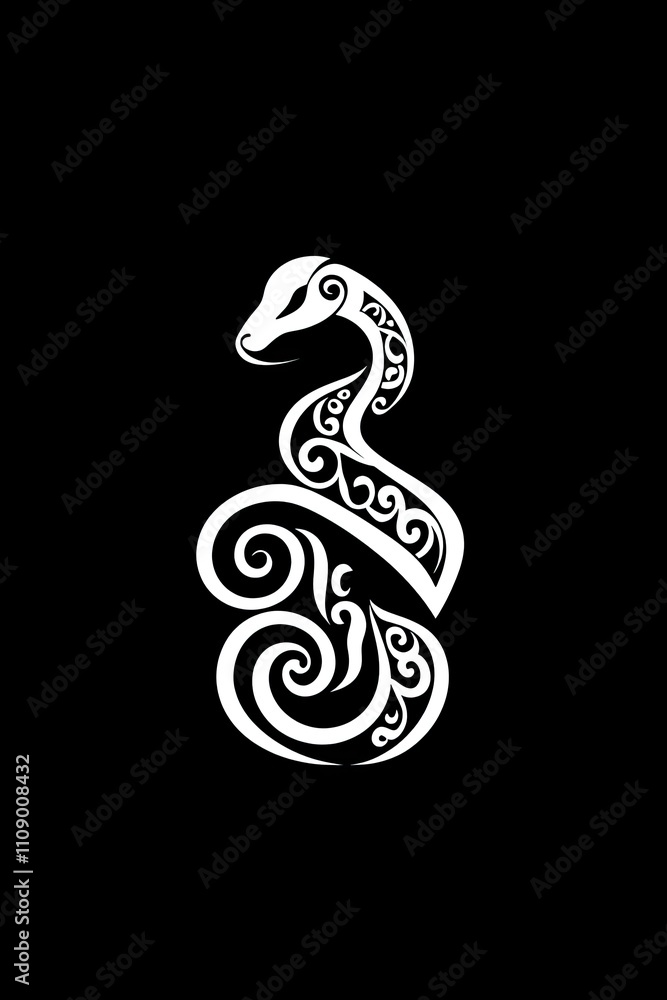 Fototapeta premium Snake tattoo in white ink coiled in an artistic pattern on a pure black background