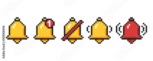 Bell icons in pixel art style. Notification icons for mobile interface, 8 bit bell for UI.