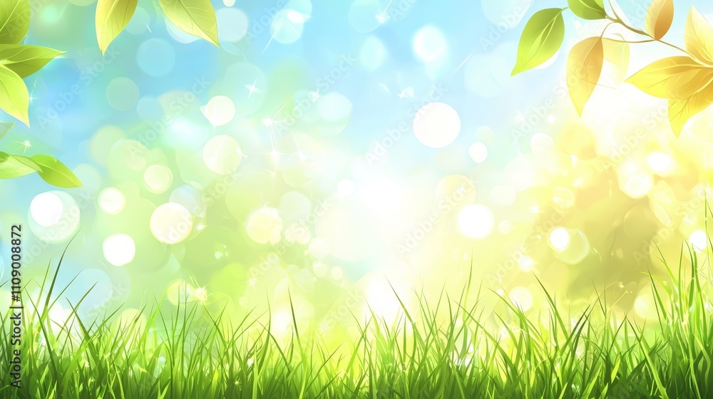 Obraz premium a lush green grassy field with leaves on the left side and a bright blue sky in the background The image is animated, giving it a lively and vibrant feel