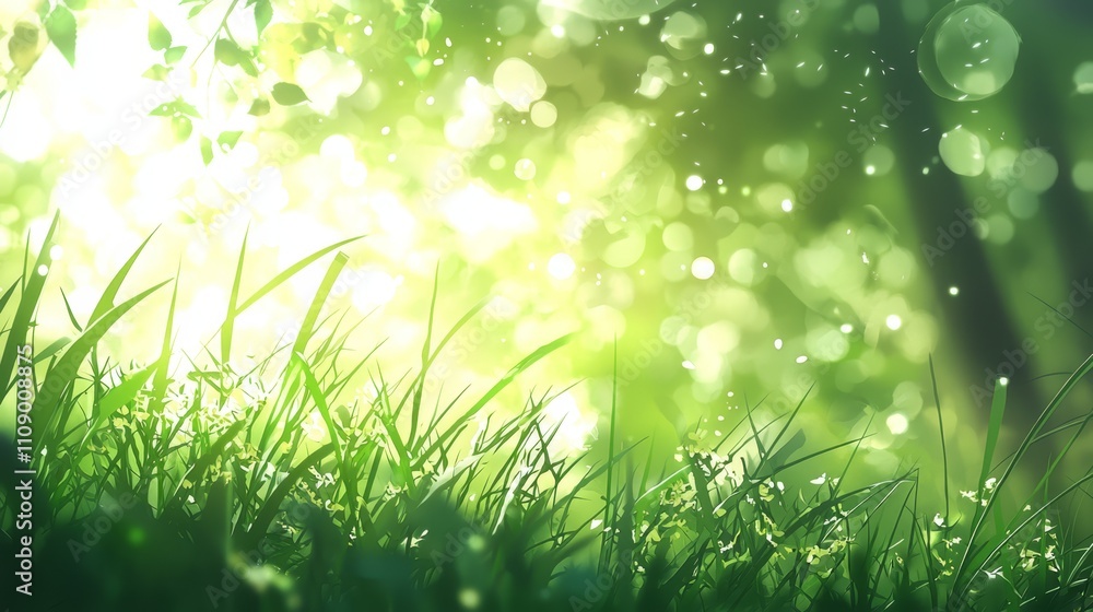 Obraz premium a lush green grassy field with the sun shining through the trees in the background, creating a beautiful and peaceful atmosphere The grass is a vibrant green color