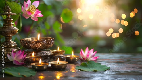  a table with lotus flowers and candles on it, surrounded by leaves and other objects The background is blurred, giving the image a dreamy, ethereal feel The candl photo