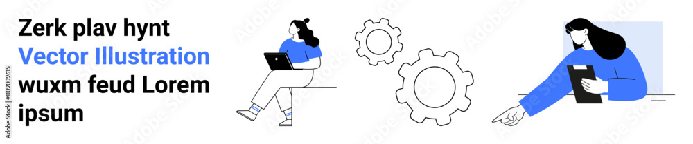 Two people working on laptops, large gears between them, text elements. Ideal for teamwork, technology, collaboration, modern business, productivity, innovation, remote work. Landing page Two people working on laptops, large gears between them, text elements. Ideal for teamwork, technology, collaboration, modern business, productivity, innovation, remote work. Landing page