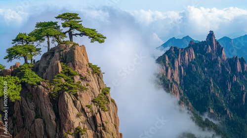 Huangshan Welcoming Pine Clouds Sea Foggy Mountain Peaks Natural Scenery photo