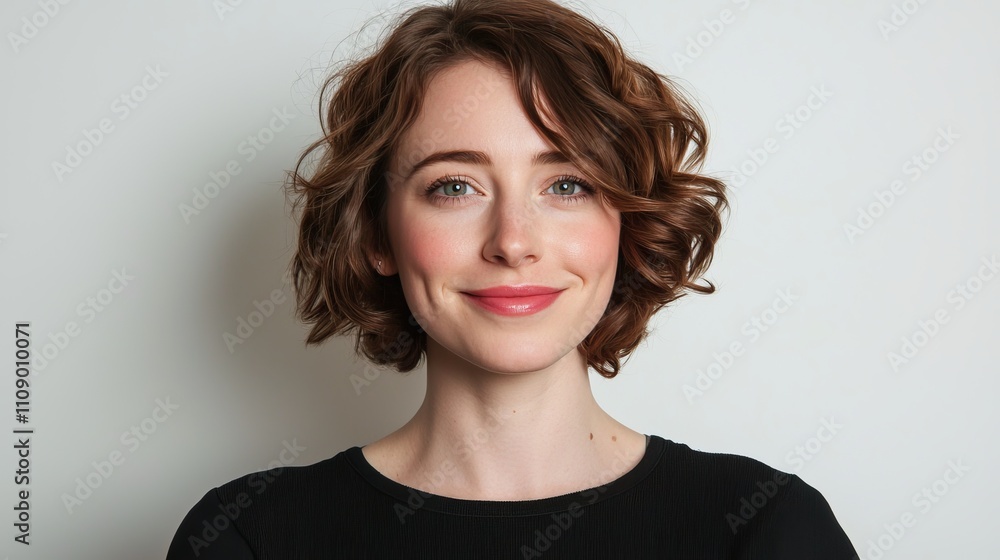 a woman with short brown hair wearing a black dress, smiling at the camera against a white background a woman with short brown hair wearing a black dress, smiling at the camera against a white background