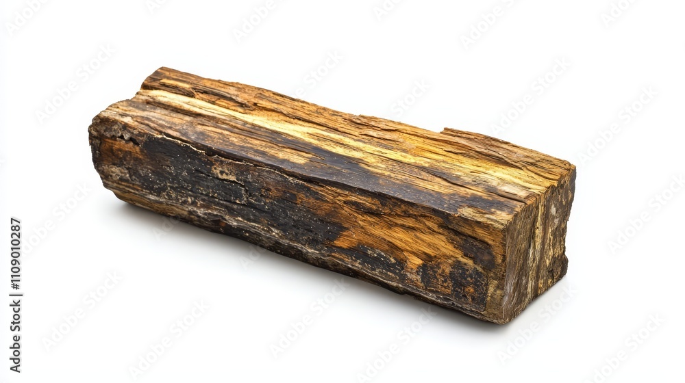 Fototapeta premium a piece of petrified wood on a white background The wood is a light brown color with darker brown patches, and has a rough, textured surface It is lying flat on t