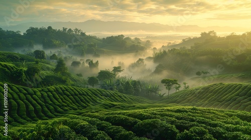 coffee plantation at dawn, rows of coffee plants with dew, soft natural lighting, lush green tones, tranquil and serene mood, expanse of the plantation and the morning mist. photo