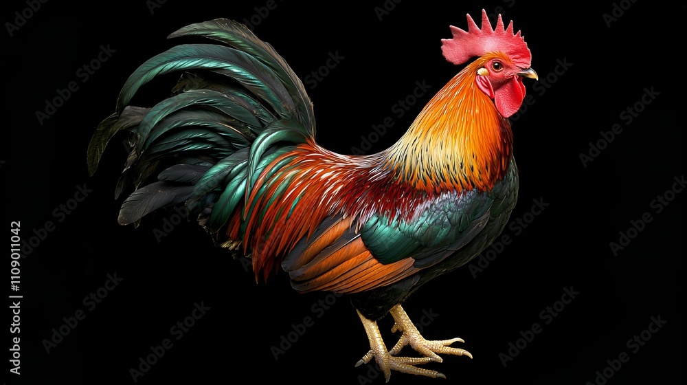 Fototapeta premium a rooster standing on top of a black surface, its feathers a mix of brown, green, orange and red