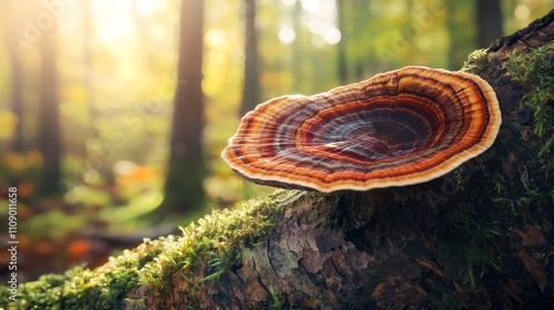  a mushroom growing on a tree trunk in the woods, surrounded by lush green grass and tall trees in the background The background is slightly blurred, giving the ima