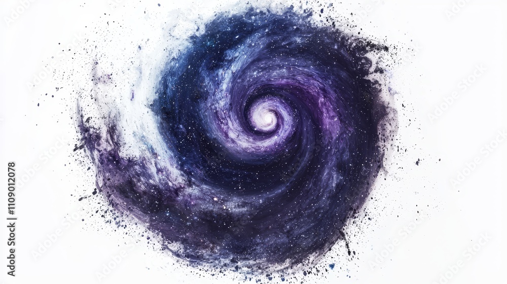 Fototapeta premium a painting of a spiral galaxy with a white background and a purple and blue nebula in the center The colors of the galaxy are vibrant and the details of the nebula