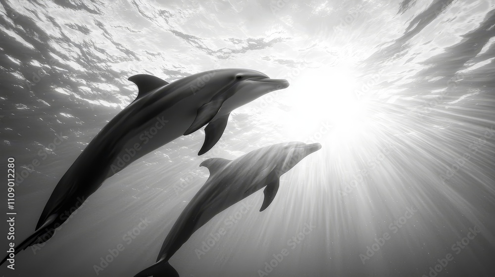Fototapeta premium two dolphins swimming in the ocean with the sun shining brightly in the background The image is in black and white, giving it a timeless and classic feel